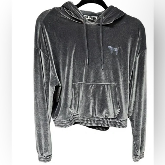 Victoria's Secret PINK Velvet Cropped Hoodie in Slate Gray - Picture 2 of 5